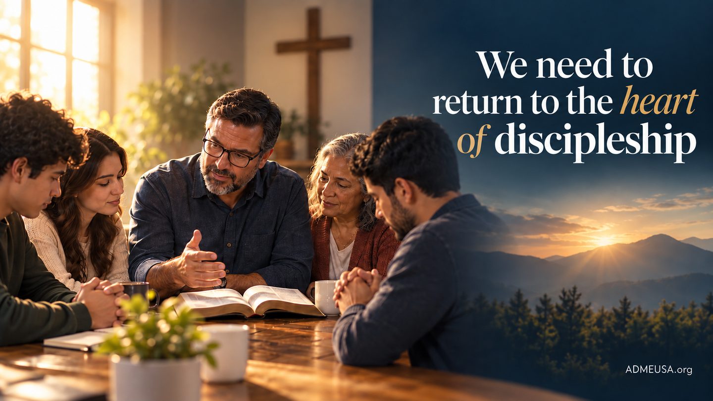 A group studying the Bible beside the title: We need to return to the heart of discipleship