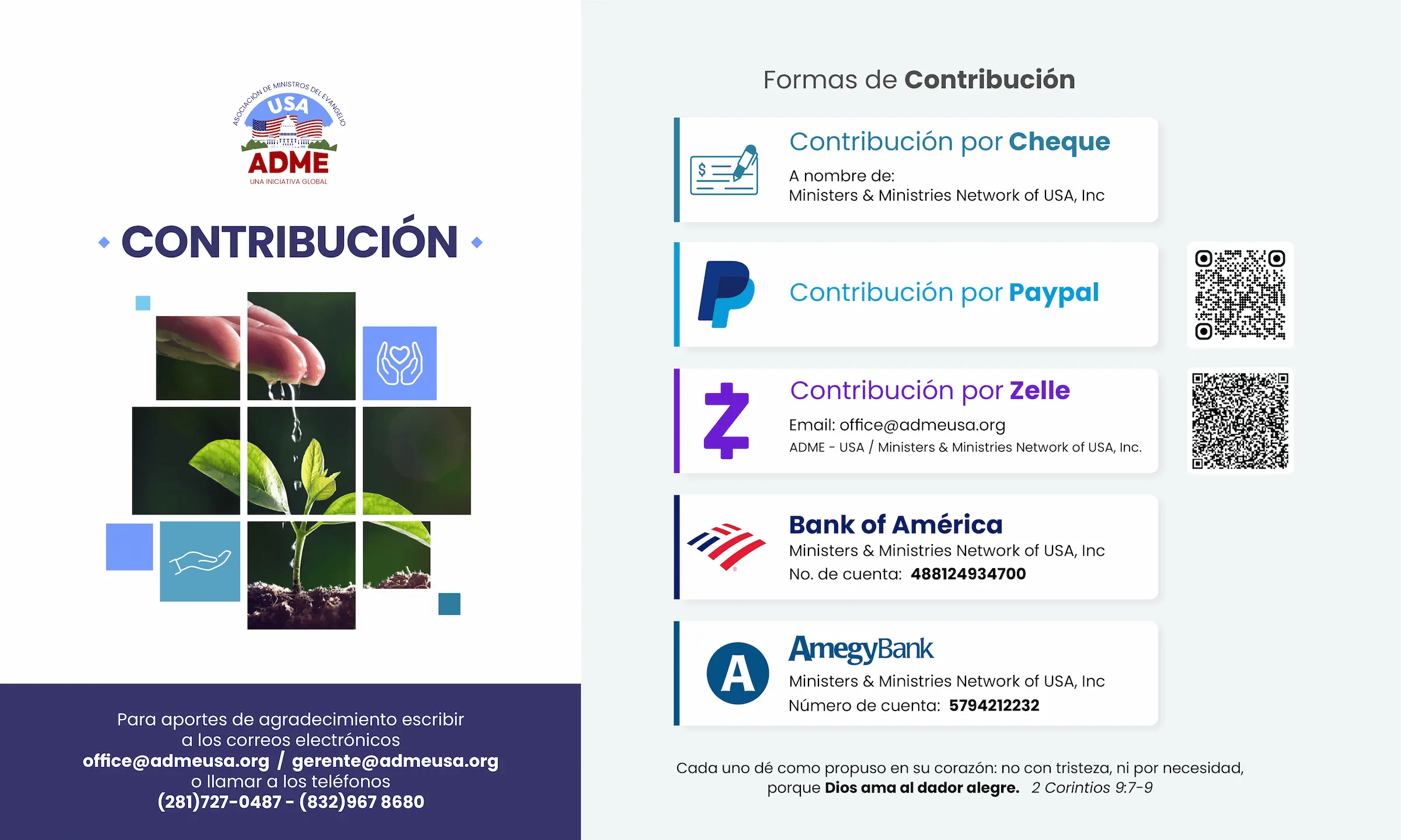 Formas de contribución a ADME USA: Cheque, PayPal, Zelle, Bank of America y AmegyBank