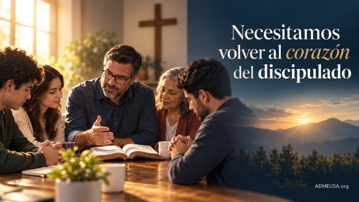 Grupo estudiando la Biblia junto al título: Necesitamos volver al corazón del discipulado